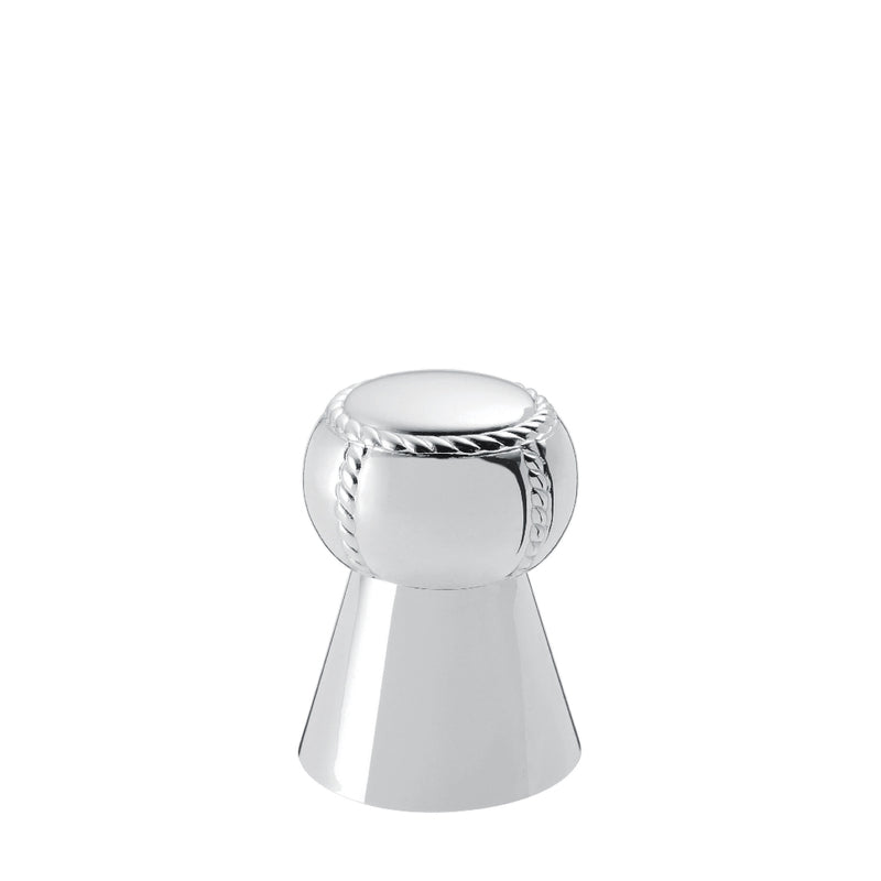 A silver-plated champagne stopper with a round base and a decorative element on the top.
