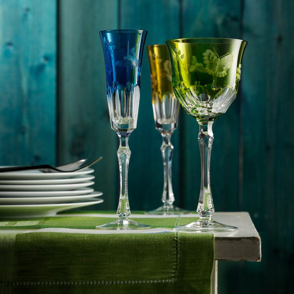 Styled Luxury Champagne Flute in Cobalt Blue Crystal with Butterfly and Leaf Engraving – Springtime by Varga Crystal