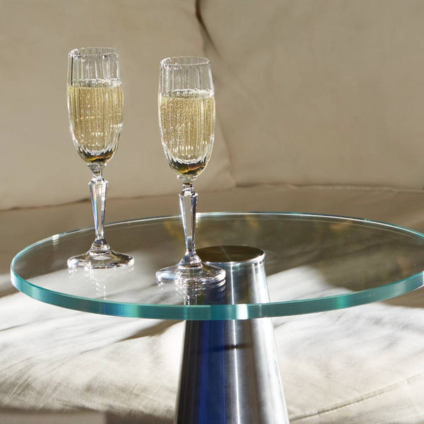 Styled small table with Saint-Rémi crystal champagne flute with fine bevel cuts by Cristallerie de Montbronn