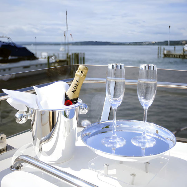 Champagne bottle and glasses on a tray with a scenic waterfront background