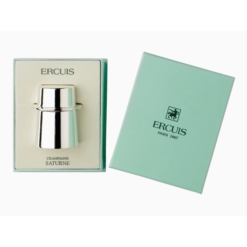 Ercuis Saturne silver-plated champagne stopper with polished finish in a gift box