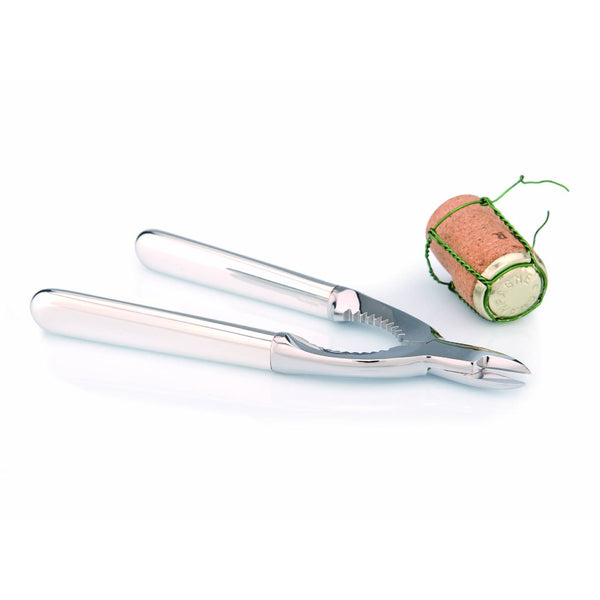 Champagne tongs Dante silver-plated by Robbe & Berking with a cork on a white background