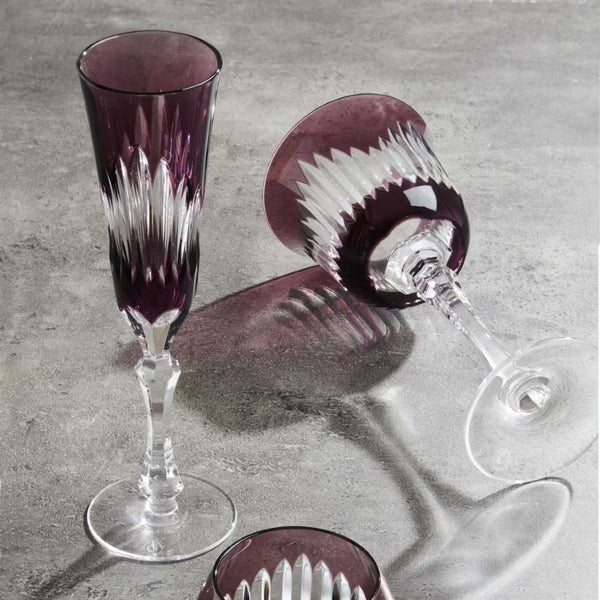 Styled Chartres Amethyste crystal Champagne Flute with Gothic-inspired bevel cuts by Cristallerie de Montbronn.