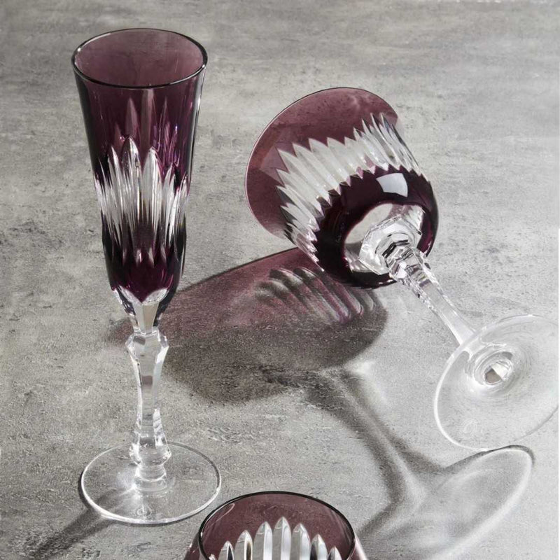 Styled Chartres Amethyste crystal Red Wine Glass with Gothic-inspired bevel cuts by Cristallerie de Montbronn.