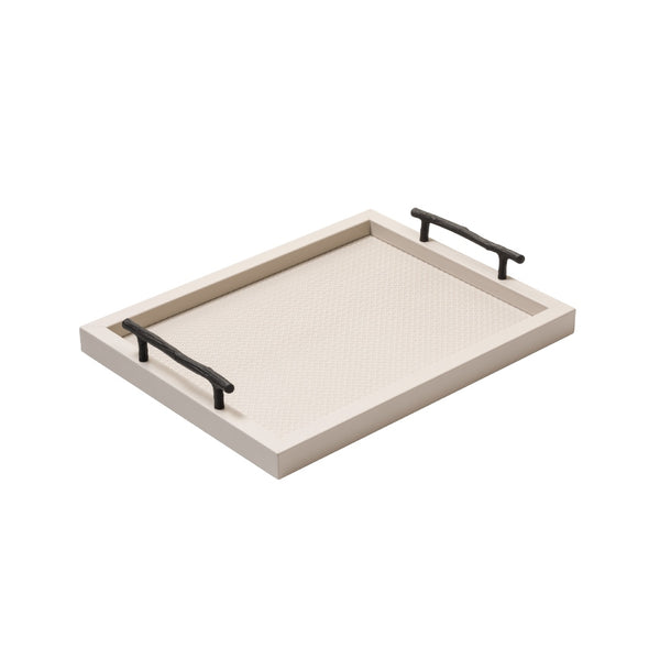 Rectangular leather tray medium with Vienna pattern and oxidized bronze handles by Giobagnara