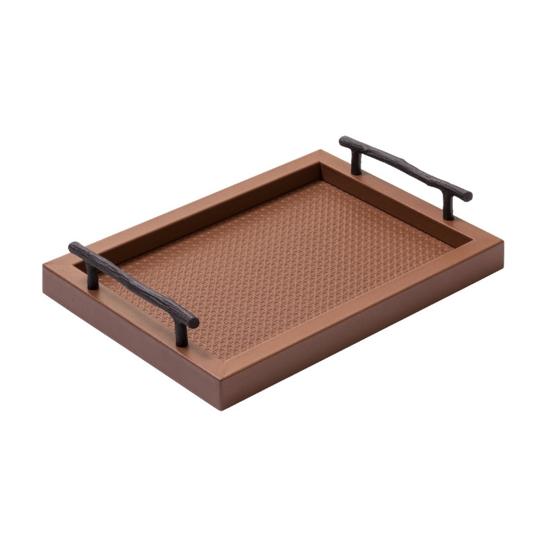 Rectangular leather tray small with Vienna pattern and oxidized bronze handles by Giobagnara