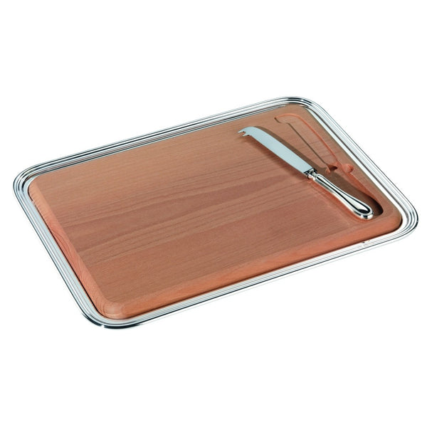 Cheese board tray set by Greggio featuring a wooden board, silver-plated tray, and matching silver-plated cheese knife for elegant serving.
