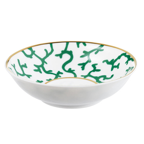 Raynaud Cristobal Emerald Chinese Bone Cup in Limoges porcelain with emerald coral pattern and gold detailing.