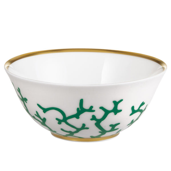 Raynaud Cristobal Emerald Chinese Rice Bowl in Limoges porcelain with emerald coral motifs and gold detailing.