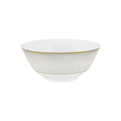 Chinese rice bowl in Limoges porcelain with black and gold Bauhaus-inspired geometric design from the Oskar collection by Raynaud.