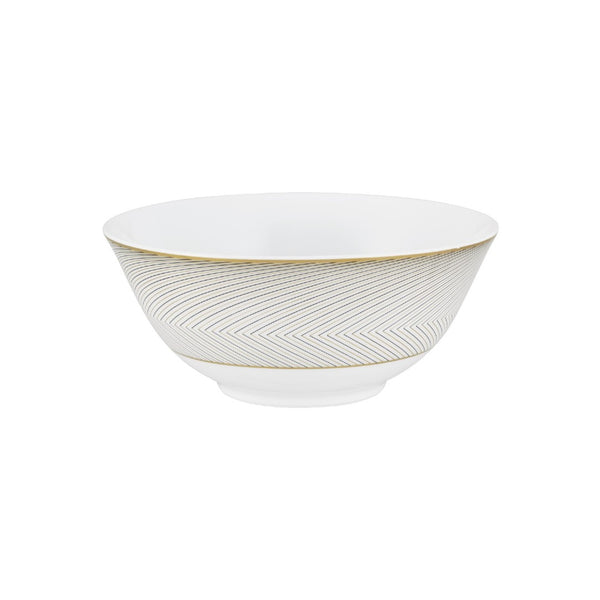 Chinese rice bowl in Limoges porcelain with black and gold Bauhaus-inspired geometric design from the Oskar collection by Raynaud.