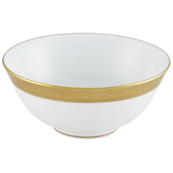 A white porcelain soup bowl with gold Renaissance style border inlaid with fine gold details.