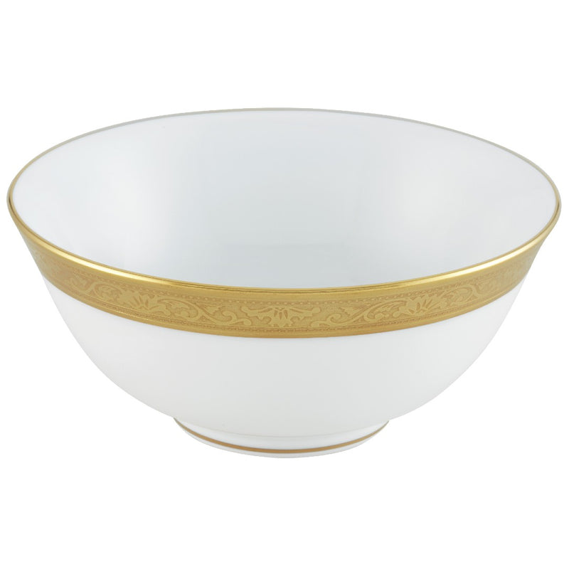 A white porcelain soup bowl with gold Renaissance style border inlaid with fine gold details.