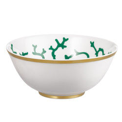 Raynaud Cristobal Emerald Chinese Soup Bowl in Limoges porcelain with emerald coral design and gold trim.