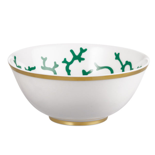 Raynaud Cristobal Emerald Chinese Soup Bowl in Limoges porcelain with emerald coral design and gold trim.