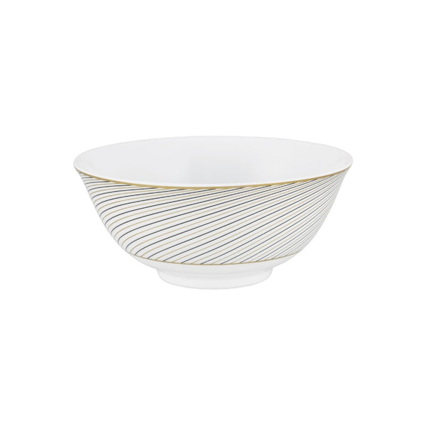 Chinese soup bowl in Limoges porcelain with black and gold Bauhaus-inspired geometric design from the Oskar collection by Raynaud.