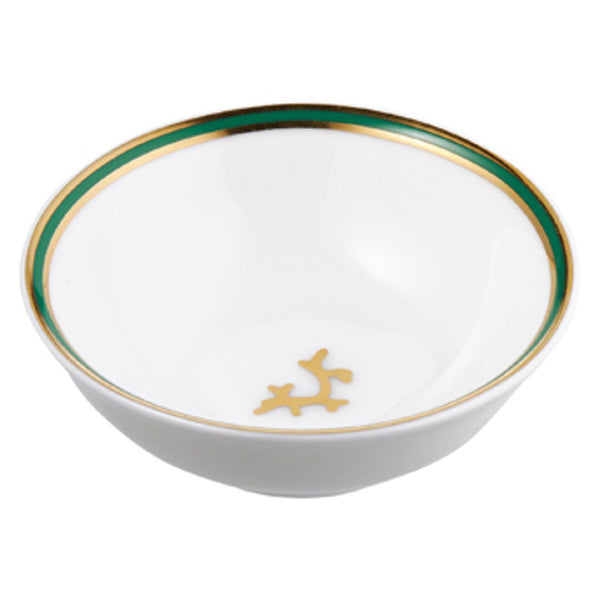 Raynaud Cristobal Emerald Chinese Soy Dish in Limoges porcelain with emerald border, gold coral motif, and fine detailing.