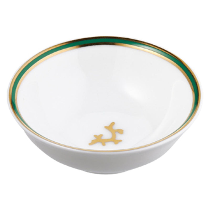 Raynaud Cristobal Emerald Chinese Soy Dish in Limoges porcelain with emerald border, gold coral motif, and fine detailing.