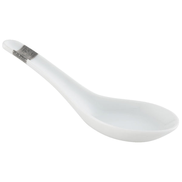 A white porcelain Chinese spoon with a Renaissance style border in platinum and gold detailing.