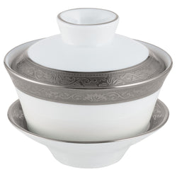 A white and platinum colored Chinese tea cup with a floral pattern and a lid, displayed against a white background.