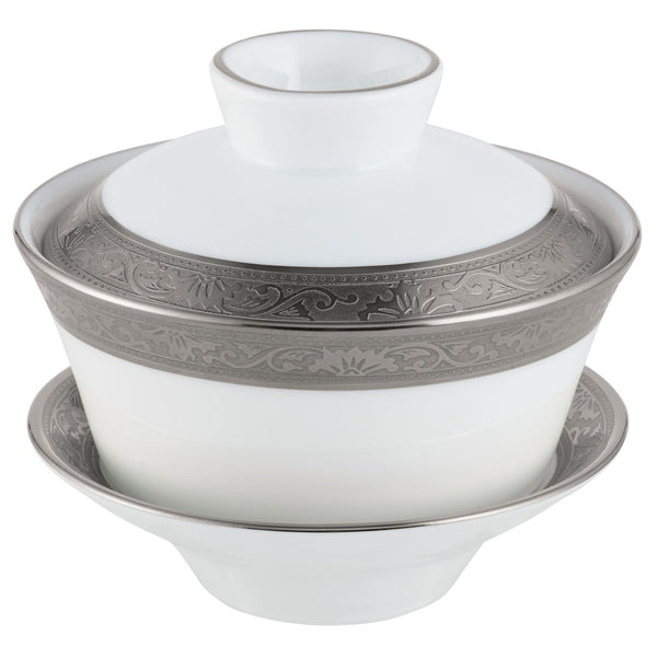 A white and platinum colored Chinese tea cup with a floral pattern and a lid, displayed against a white background.