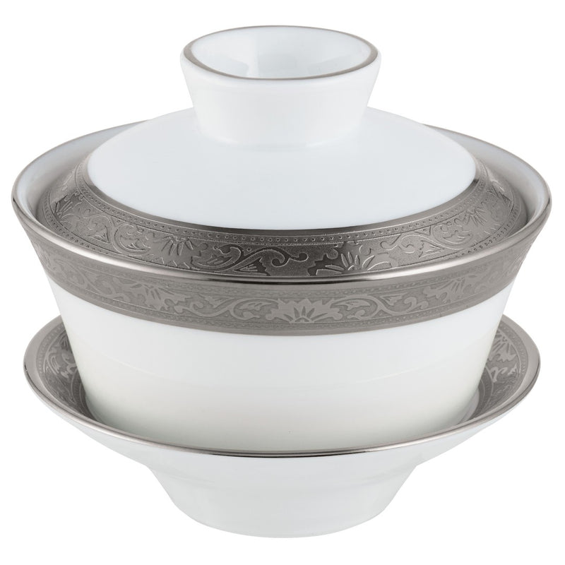 A white and platinum colored Chinese tea cup with a floral pattern and a lid, displayed against a white background.