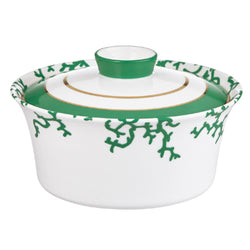 Raynaud Cristobal Emerald Chinese Vegetable Dish in Limoges porcelain with emerald green coral motifs and gold accents.