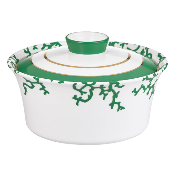 Raynaud Cristobal Emerald Chinese Vegetable Dish in Limoges porcelain with emerald green coral motifs and gold accents.
