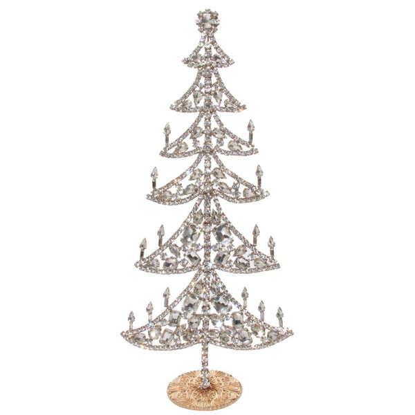Silver jewelled Christmas tree with candle accents, 32cm tall, perfect for luxury festive decor.