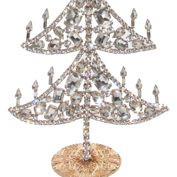 Silver jewelled Christmas tree with candle accents, 32cm tall, perfect for luxury festive decor, zoomed in.