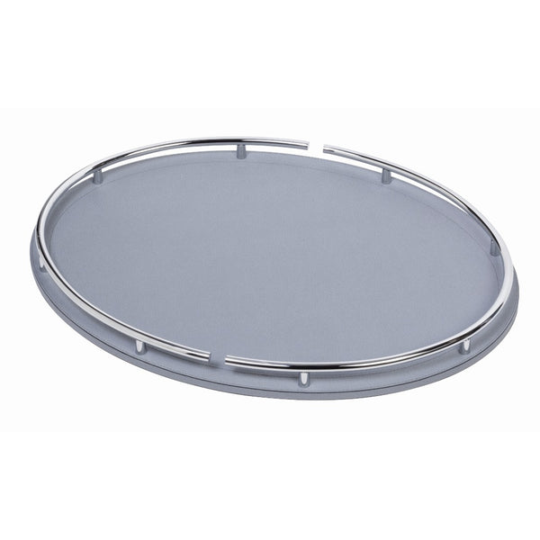 Circus oval leather tray by Giobagnara, handcrafted in Italy with chrome metal handles and leather-covered wood base on a white background