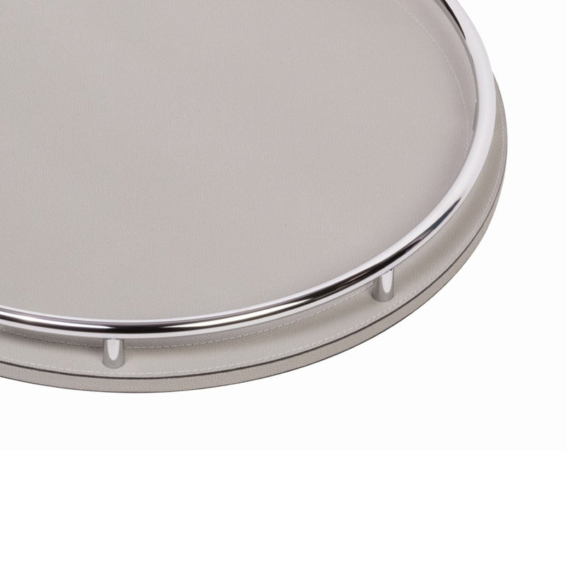 close-up of the Round Circus tray by Giobagnara, handcrafted in Italy with leather-covered wood and chrome metal handles.