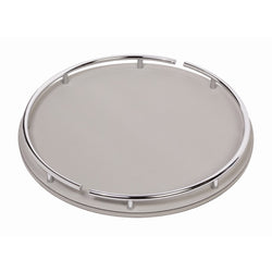 Round Circus tray by Giobagnara, handcrafted in Italy with leather-covered wood and chrome metal handles.