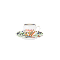 Imari porcelain coffee cup and saucer with floral pattern and gold detailing by Raynaud