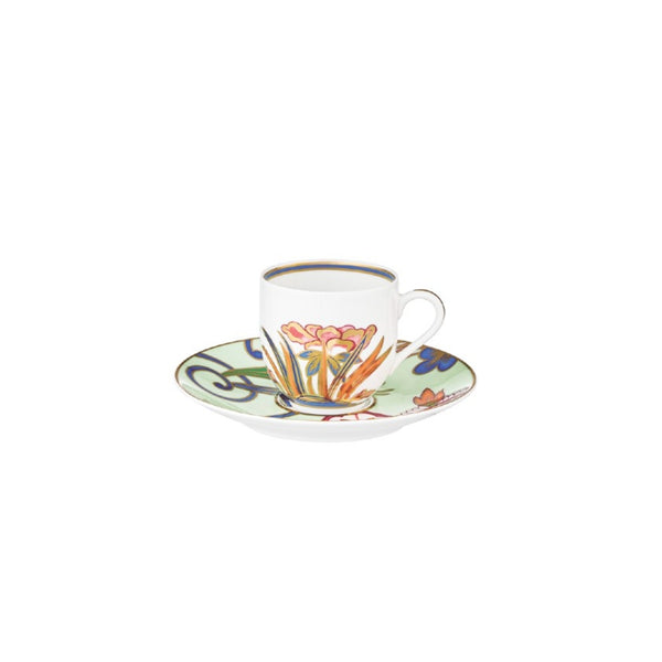 Imari porcelain coffee cup and saucer with floral pattern and gold detailing by Raynaud
