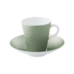 Raynaud Minéral Irisé Céladon porcelain coffee cup and saucer with sculptural relief and celadon iridescent glaze