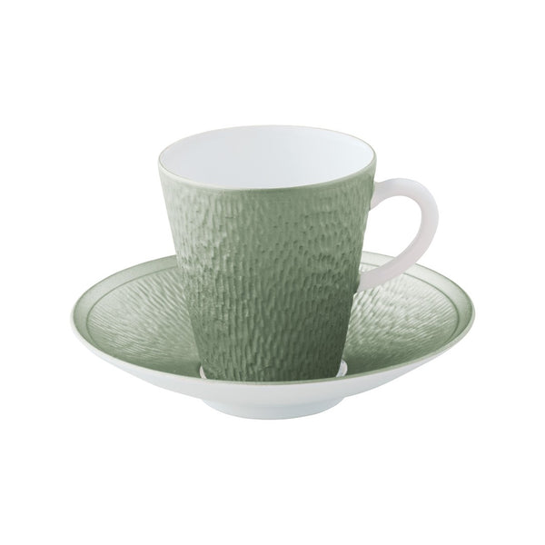 Raynaud Minéral Irisé Céladon porcelain coffee cup and saucer with sculptural relief and celadon iridescent glaze
