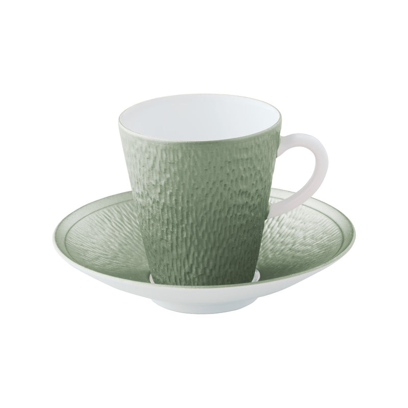 Raynaud Minéral Irisé Céladon porcelain coffee cup and saucer with sculptural relief and celadon iridescent glaze