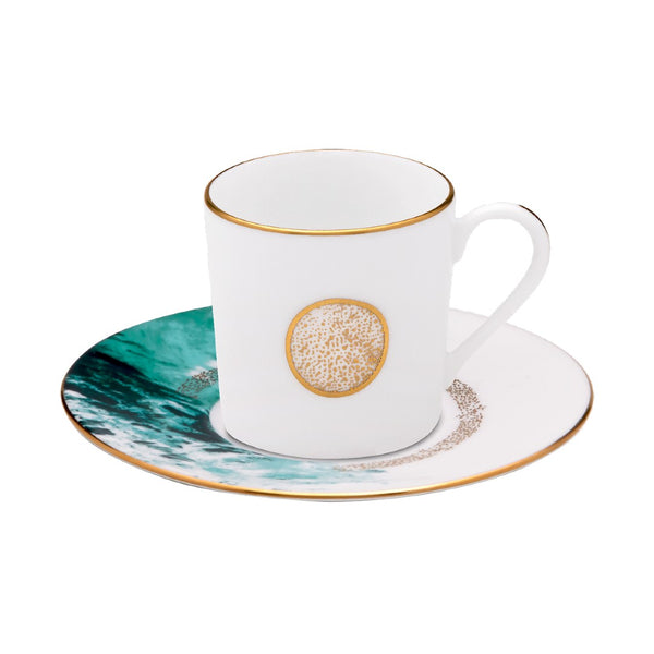 Haviland Océan Bleu Coffee Cup and Saucer in Limoges porcelain with ocean blue design and gold accents.
