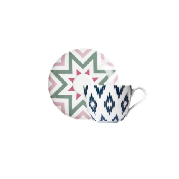 Paraiso porcelain coffee cup with blue geometric motifs and saucer with pink and green star design by Sieger by Fürstenberg