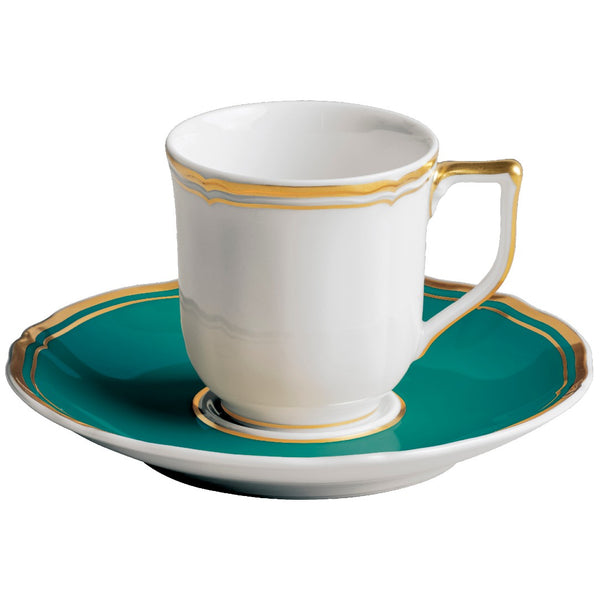 Mazurka Turquoise coffee cup and saucer by Raynaud in Limoges porcelain with turquoise enamel border and gold rim, designed for refined coffee service.