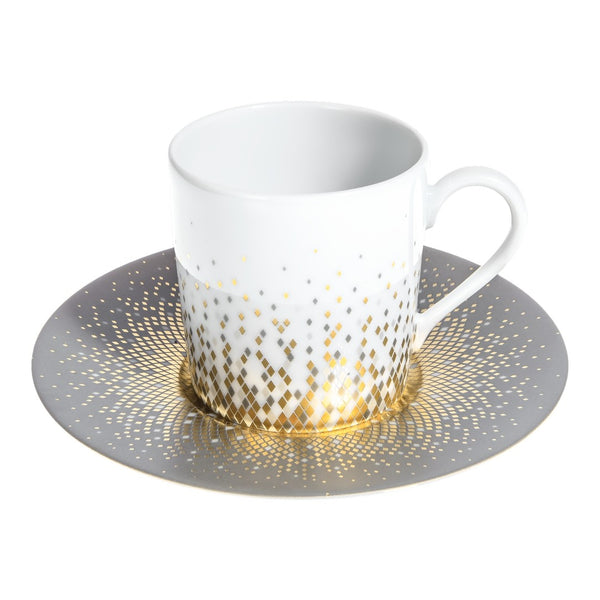 Souffle d’Or coffee cup and saucer by Haviland—handmade Limoges porcelain with celestial grey, silver, and matte gold accents.