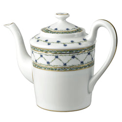A white porcelain coffee pot with blue floral patterns and gold accents.