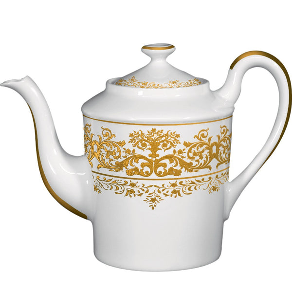 A white and gold porcelain coffee pot with floral motifs and a gold lid handle.
