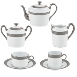 Ambassador Platine porcelain coffee and tea set of 15 pieces by Raynaud with platinum rim and elegant Renaissance-style border
