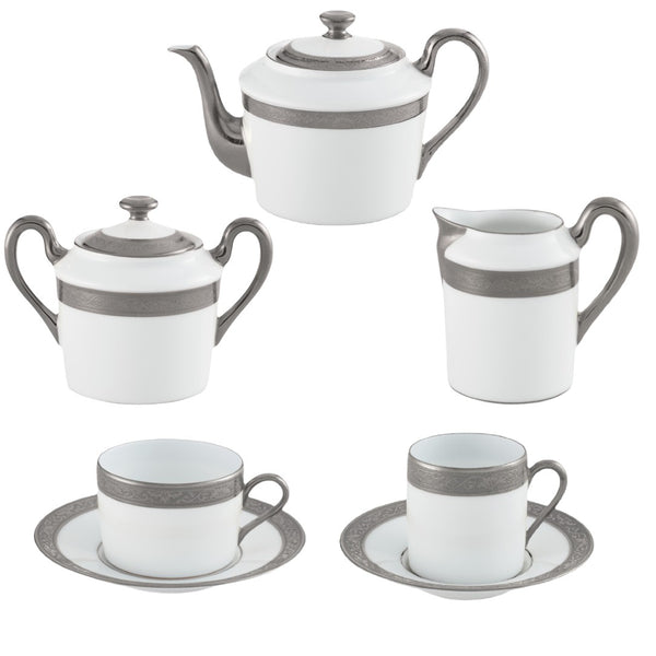 Ambassador Platine porcelain coffee and tea set of 15 pieces by Raynaud with platinum rim and elegant Renaissance-style border