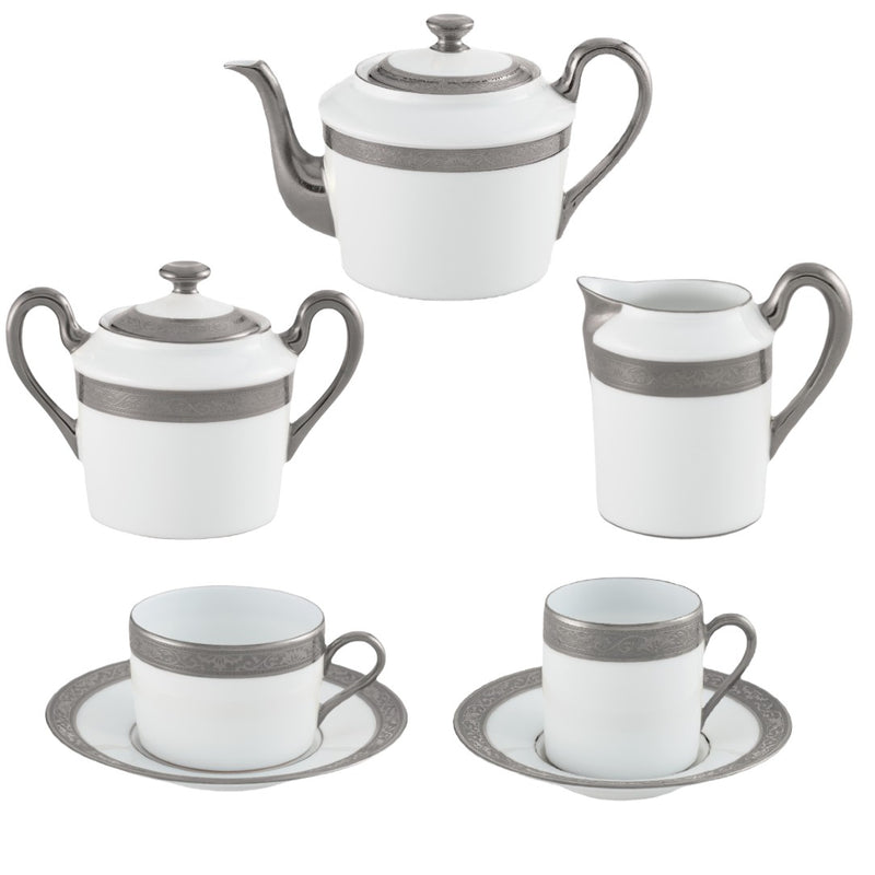Ambassador Platine porcelain coffee and tea set of 15 pieces by Raynaud with platinum rim and elegant Renaissance-style border