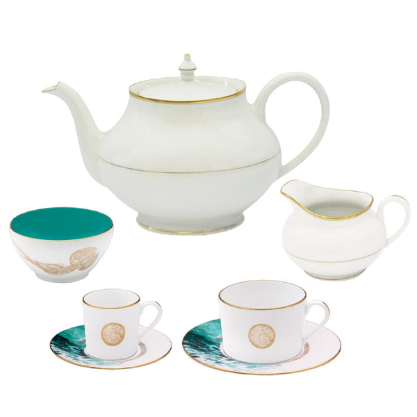 Océan Bleu Coffee / Tea Set of 15 by Haviland in Limoges porcelain with blue ocean-inspired design, including Orsay Gold teapot and milk jug with gold rim.