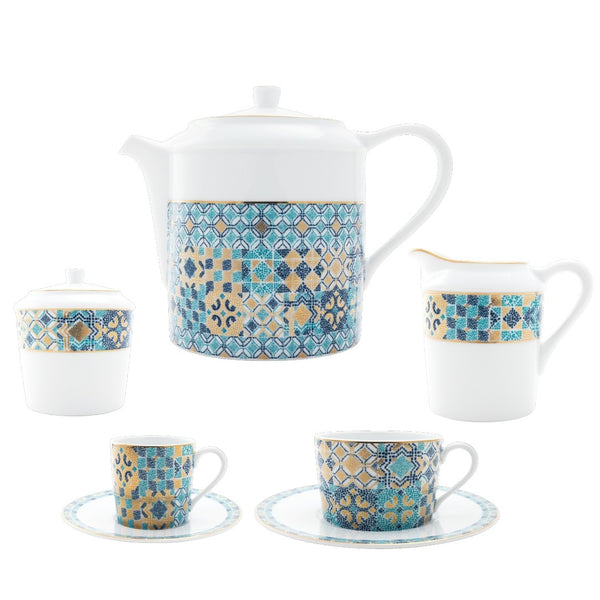 Coffee/Tea Set of 15 Pieces Portofino by Haviland in fine Limoges porcelain with golden and blue Mediterranean mosaic-inspired design.