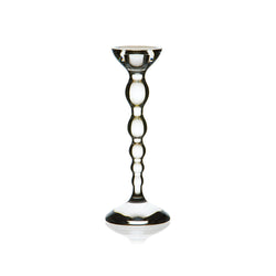 A clear lead-free crystal candle holder with a geometric pattern of circles, featuring a narrow top and a broader base, made by Collevilca.